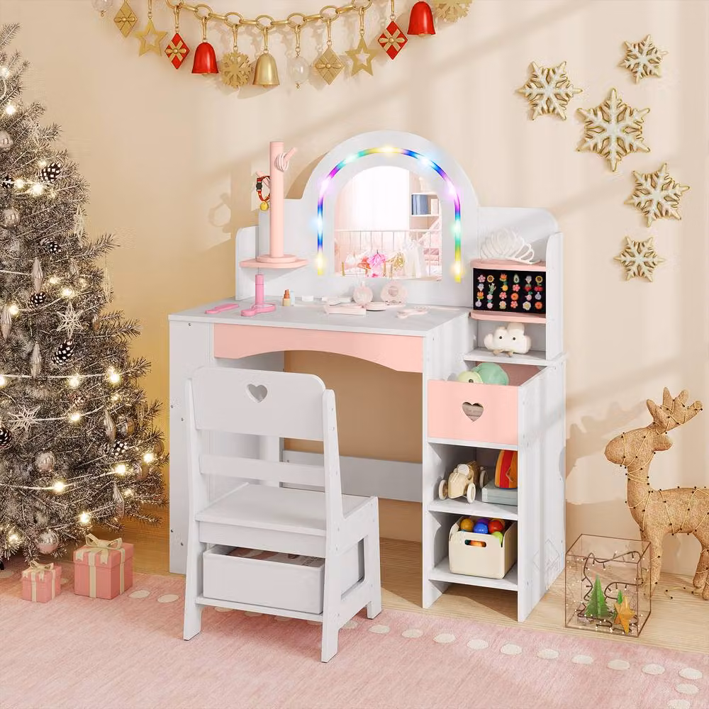 CASART Kids Vanity Desk with Hollywood LED Mirror in White – 2