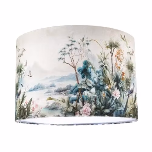 Happy Homewares Green Jungle and Mountain Velvet Fabric Lamp Shade with Pink Flowers and Birds, Diameter: 30 cm, Height: 20 cm