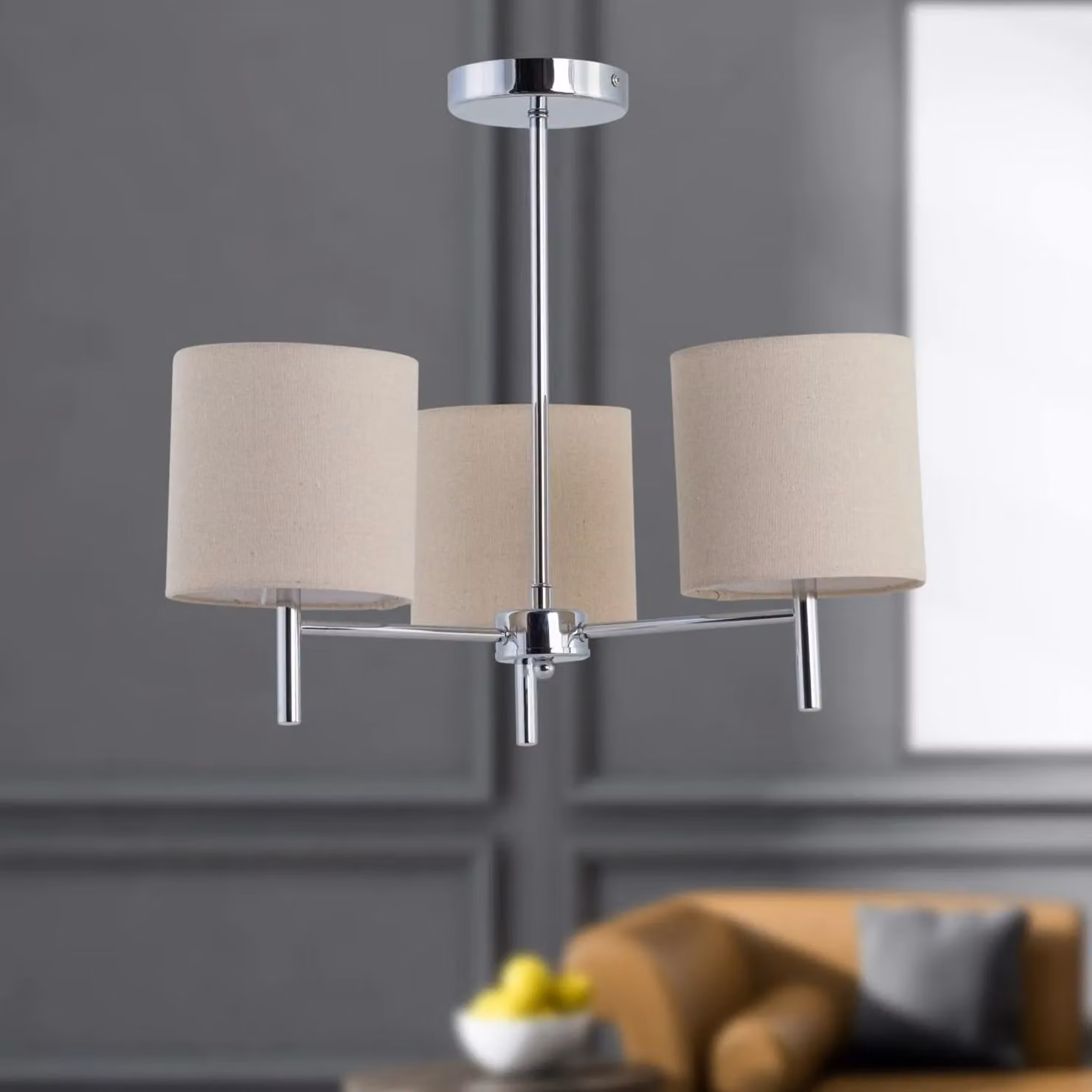 First Choice Lighting Brea Chrome 3 Light Ceiling Fitting with Beige Linen Shades – 3