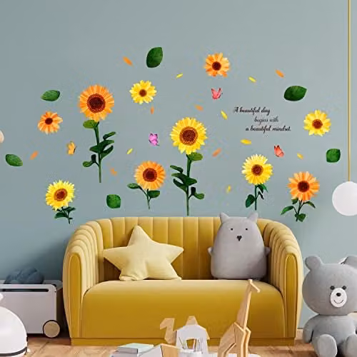 WALPLUS Watercolour Sunflowers with Butterflies Wall Stickers, Yellow and Multicolour Floral Peel and Stick Removable Wall Decals, W 150 cm x H 80 cm – 1