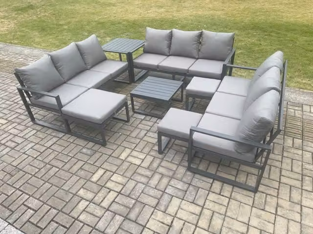 Fimous Aluminium Outdoor Garden Furniture Set in Dark Grey with 3-Seater Sofa, Coffee Table and 3 Footstools