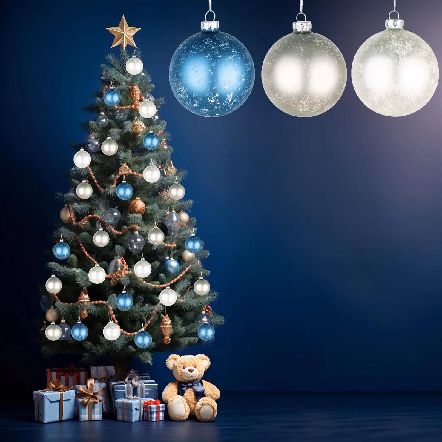 Shatchi 12-Piece Set of Classic Geometric Glass Baubles in Blue, Gold and White, Diameter: 8 cm – 9