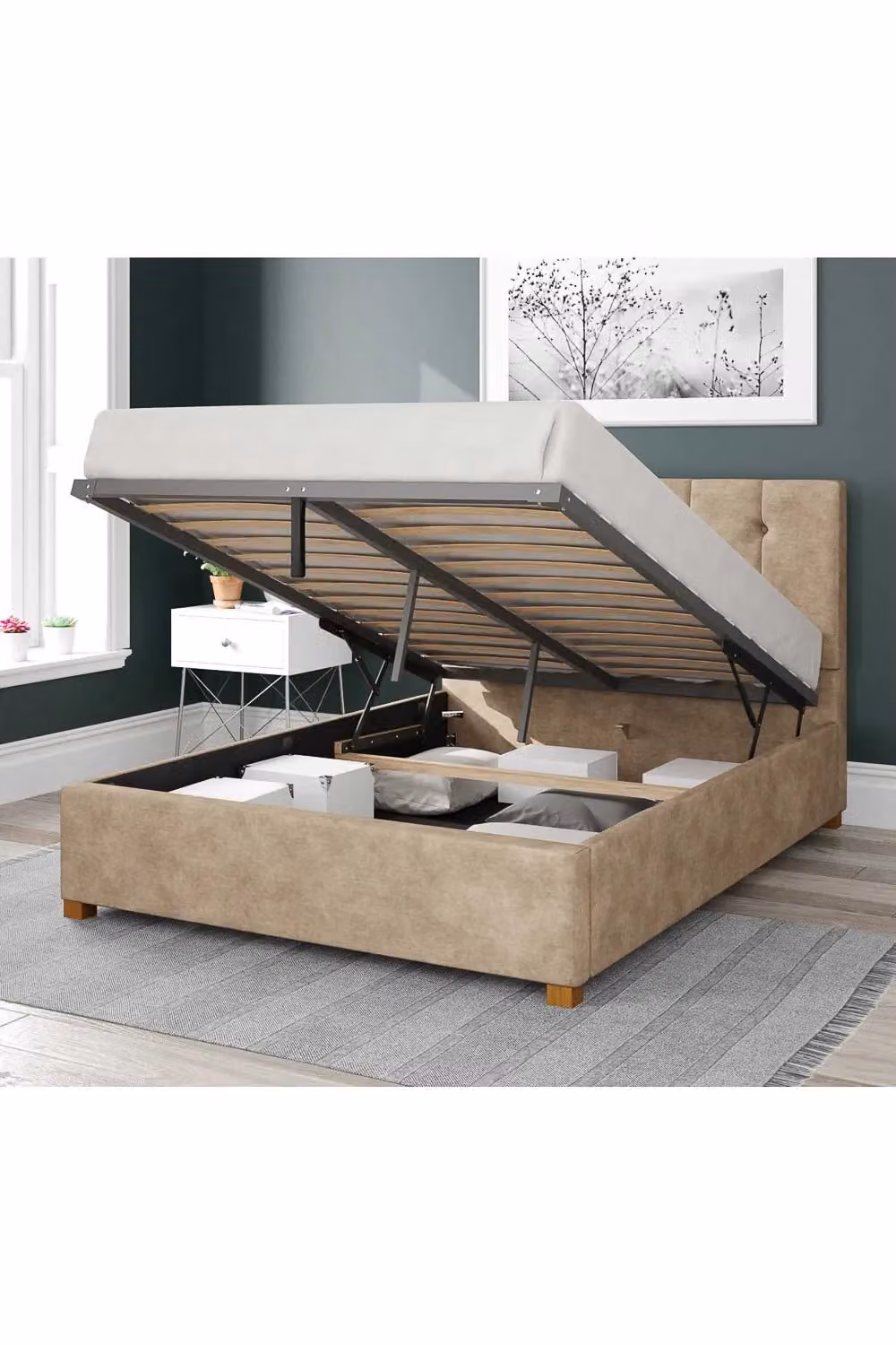 Aspire Hepburn Upholstered Ottoman Storage Bed in Beige Kimiyo Linen Fabric, Size: 140 x 200 cm – 2