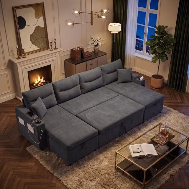 FENCHILIN 4-Seater Grey Linen Upholstered Pull-out Sofa Bed with Dual Storage Chaise Lounges, USB Charging and Cup Holders