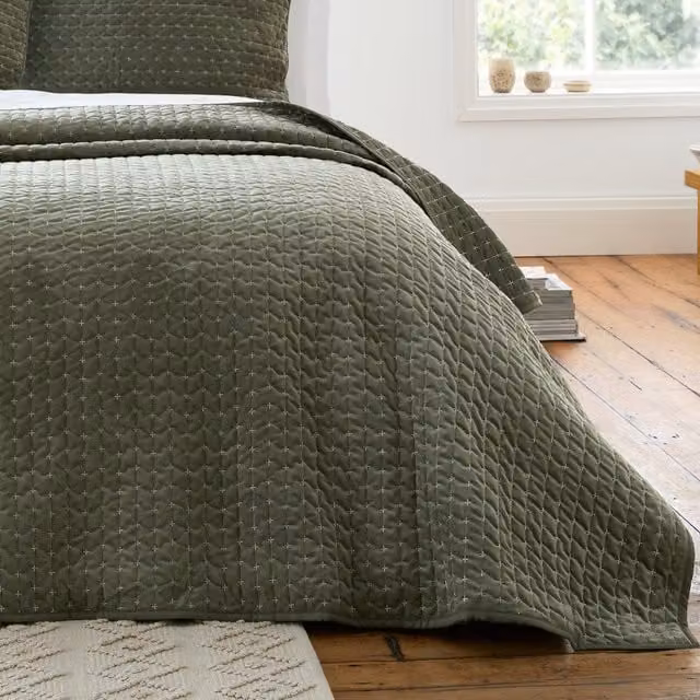 Bianca Attica Green Velvet Quilted Bedspread W: 240 cm, D: 260 cm
