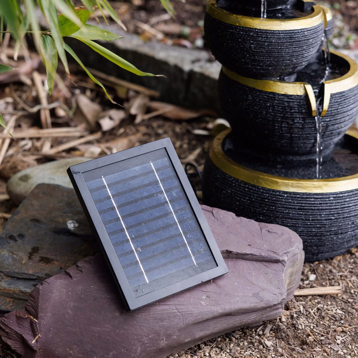 Primrose Solar Powered 3 Tier Stacked Bowls Water Feature Cascade with LED Lights, Black and Gold, Height: 46 cm – 3