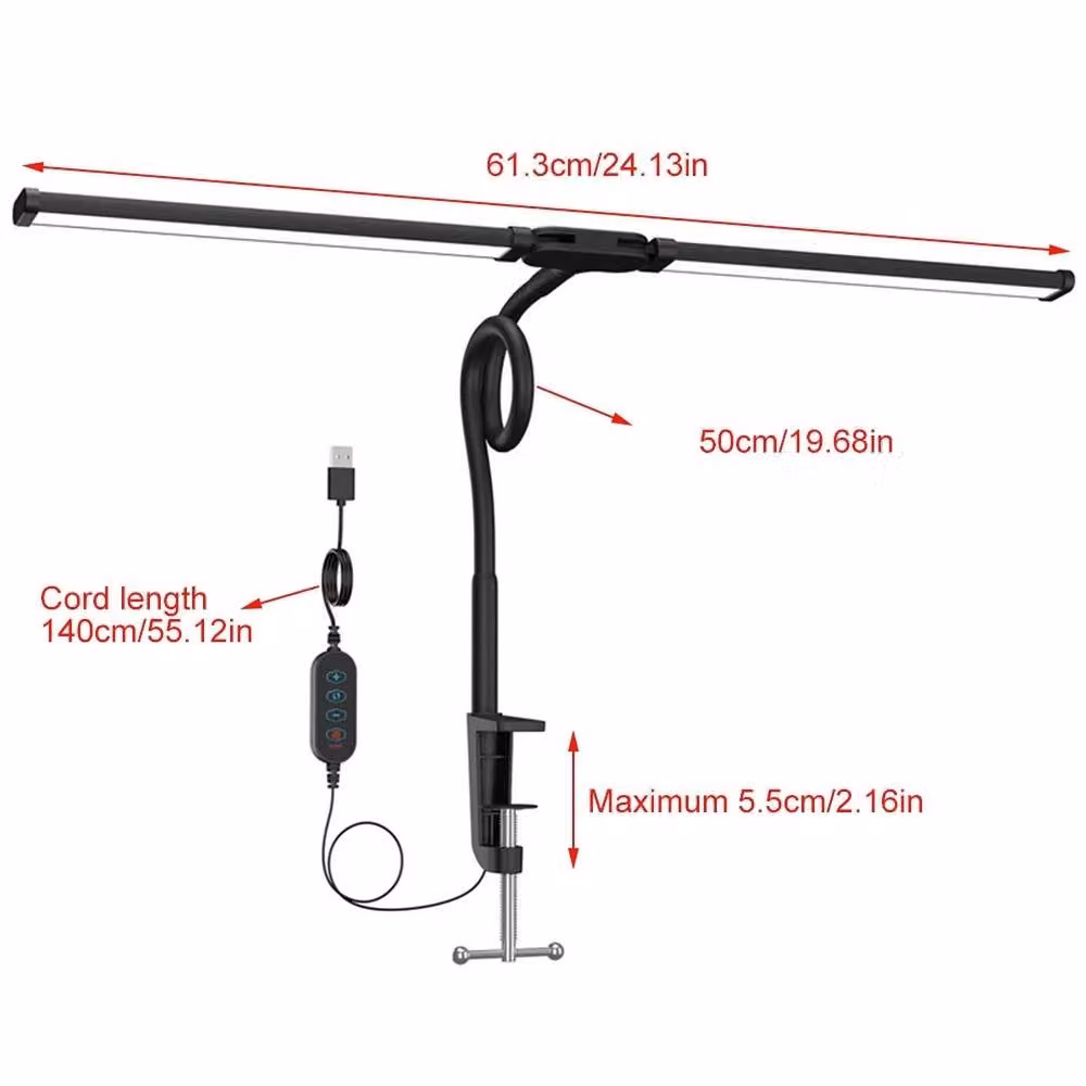 EONLION Double Head LED Desk Lamp in Black, Dimmable and Adjustable Tabletop Task Light – 2