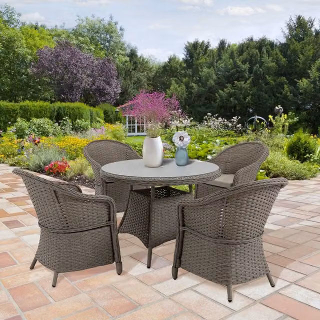 Outsunny 4 Seat Grey PE Rattan Outdoor Dining Set with Round Glass Table