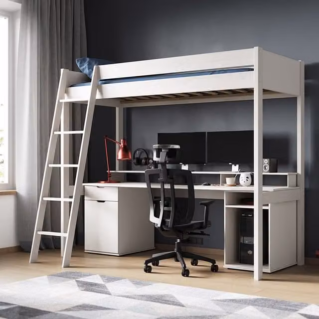 Noomi Tera Solid Wood Gaming High Sleeper Bed in White, W/D/H: 90 x 200 x 148 cm