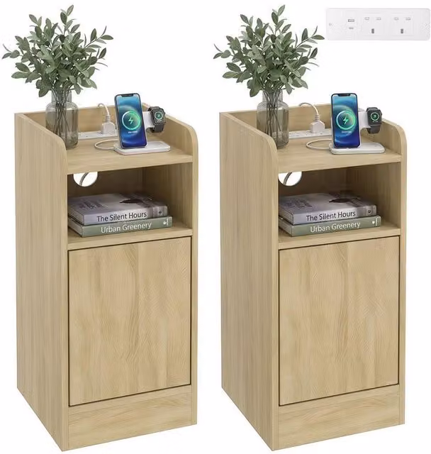 KORVIXA Oak Slim Bedside Table Set of 2 with Charging Station in Light Oak