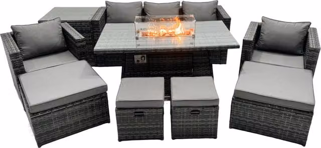 Fimous 9 Seater Rattan Garden Furniture Firepit Dining Set with Lounge Sofa, Table, Side Table and 4 Footstools in Dark Grey
