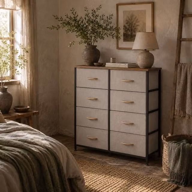 Wyld Haus Neyo 8 Drawer Dresser in Cream White Fabric with Maple Wood Effect Top, H 81.5 x W 80.0 x D 30.0 cm – 1