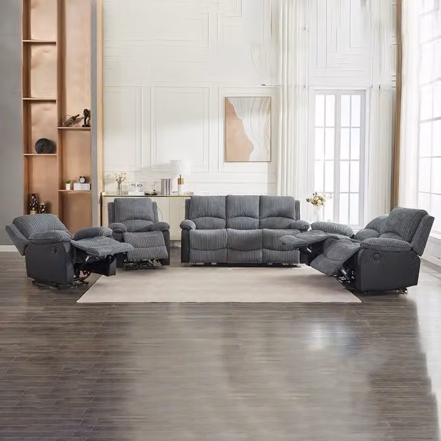 Furniture One Grey Corduroy Sectional Recliner Sofa Set