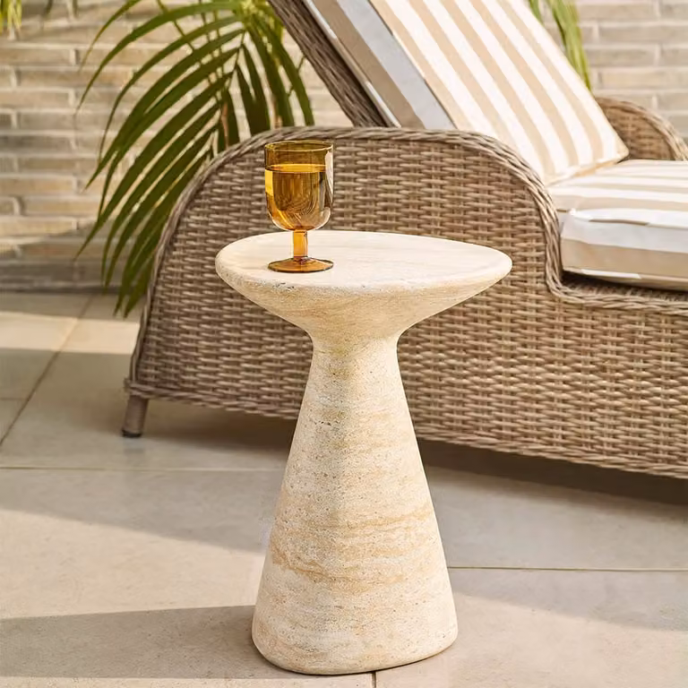 Atkin and Thyme Jasper Round Side Table in Beige and Brown Travertine Finish
