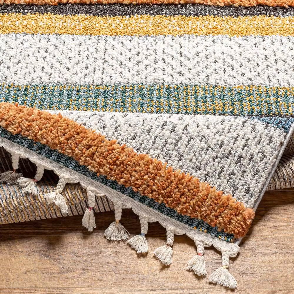 Livabliss Lofty-Shaggy Vintage Boho Plush Soft Pile Fringe Rug in Multicolour White Black and Yellow, W: 160 cm, L: 215 cm – 4