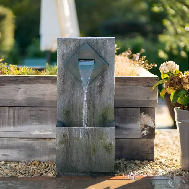 Primrose Rustic Brown Wooden Wall and Basin Cascading Blade Tabletop Water Feature