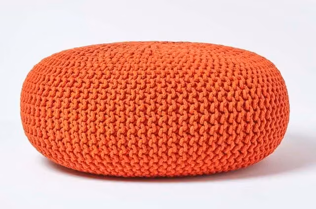 Homescapes Large Round Cotton Knitted Pouffe Footstool in Orange – 1