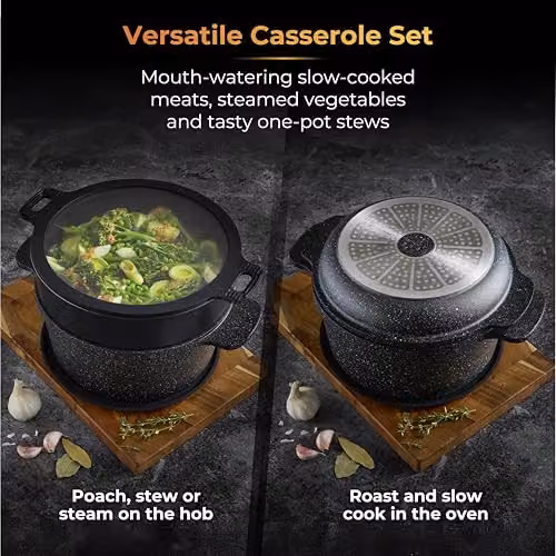 Tower Precision Multi-Functional Non-Stick Cast Aluminium Casserole Set with Steamer Insert, Black, Diameter: 24 cm – 3