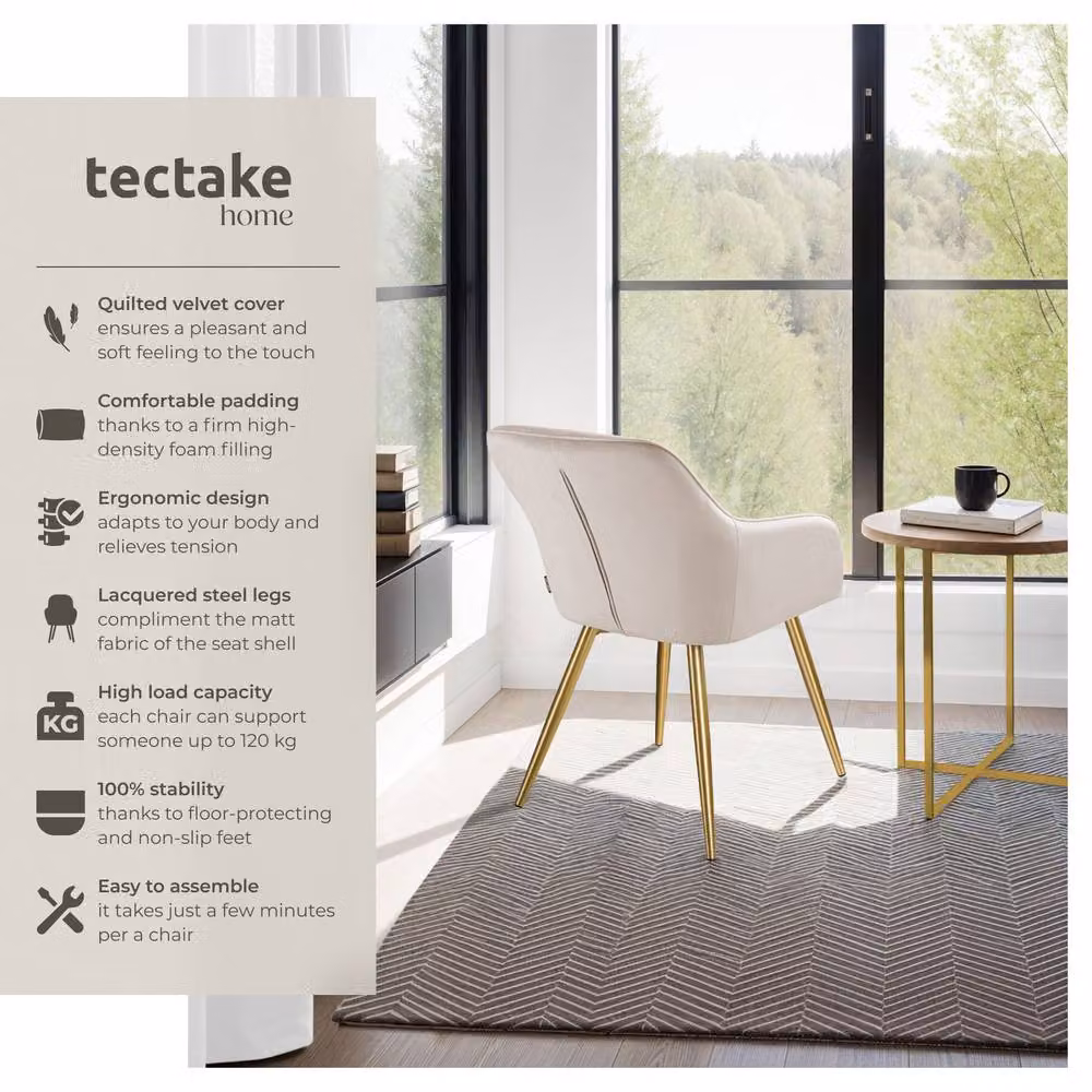 tectake Marilyn Accent Chair in Taupe and Gold with Velvet Upholstery and Metal Frame – 2