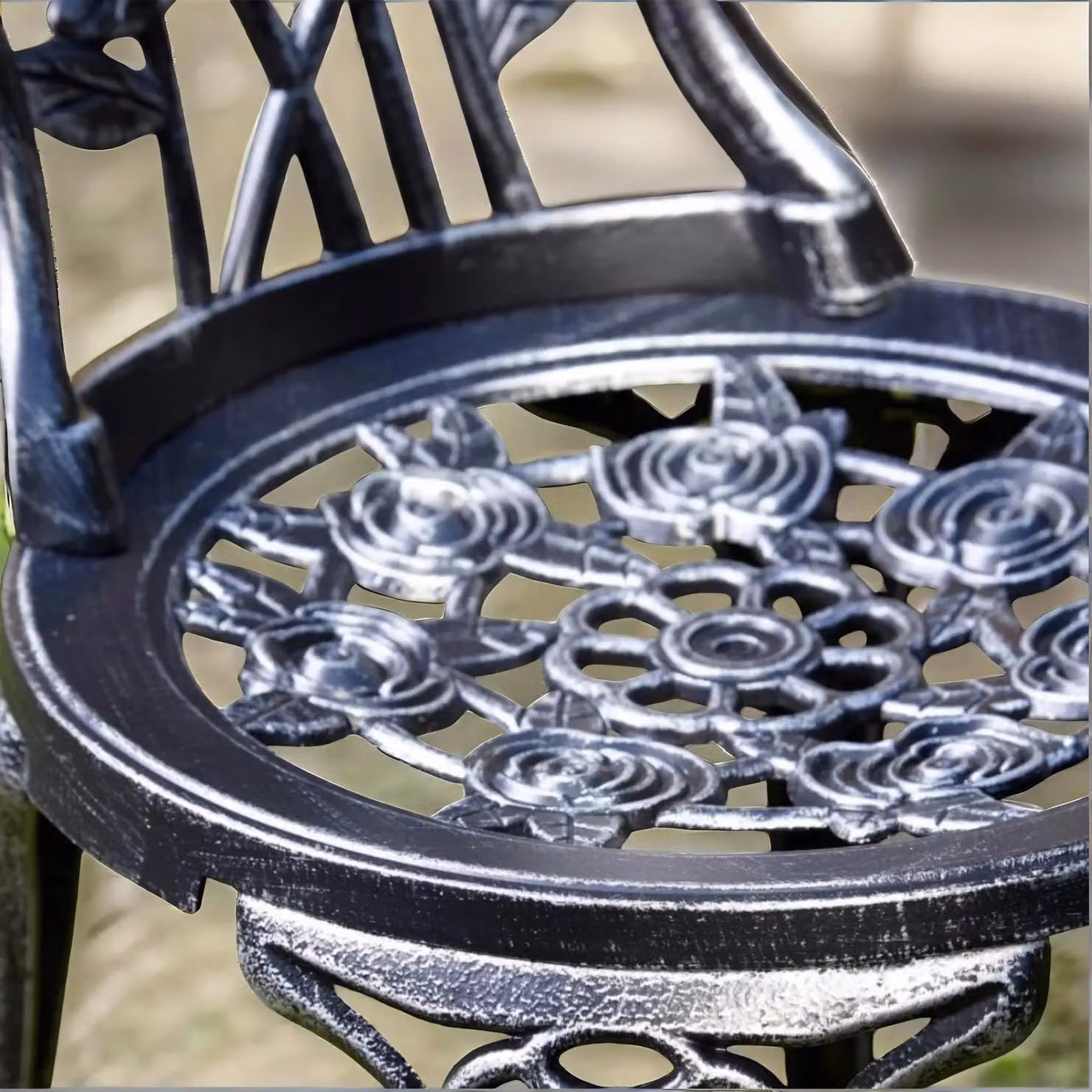FURNOS Set of 3 Cast Iron Rose Floral Bistro Table and Chairs in Antique Grey – 3