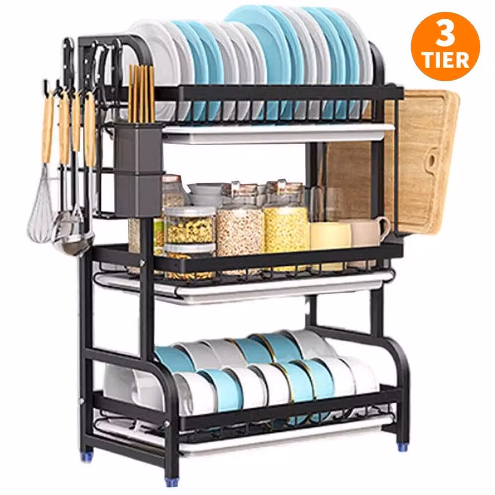 FLAVORA 3 Tier Metal Dish Drainer Rack with Drip Tray and Cutlery Holder, Black – 4