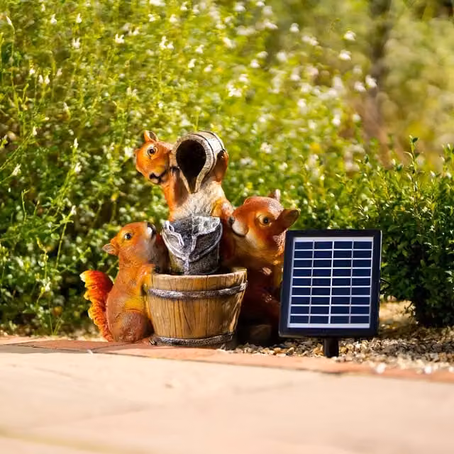 Primrose Squirrels Pouring Buckets Solar Powered Tabletop Water Fountain with Lights, Brown