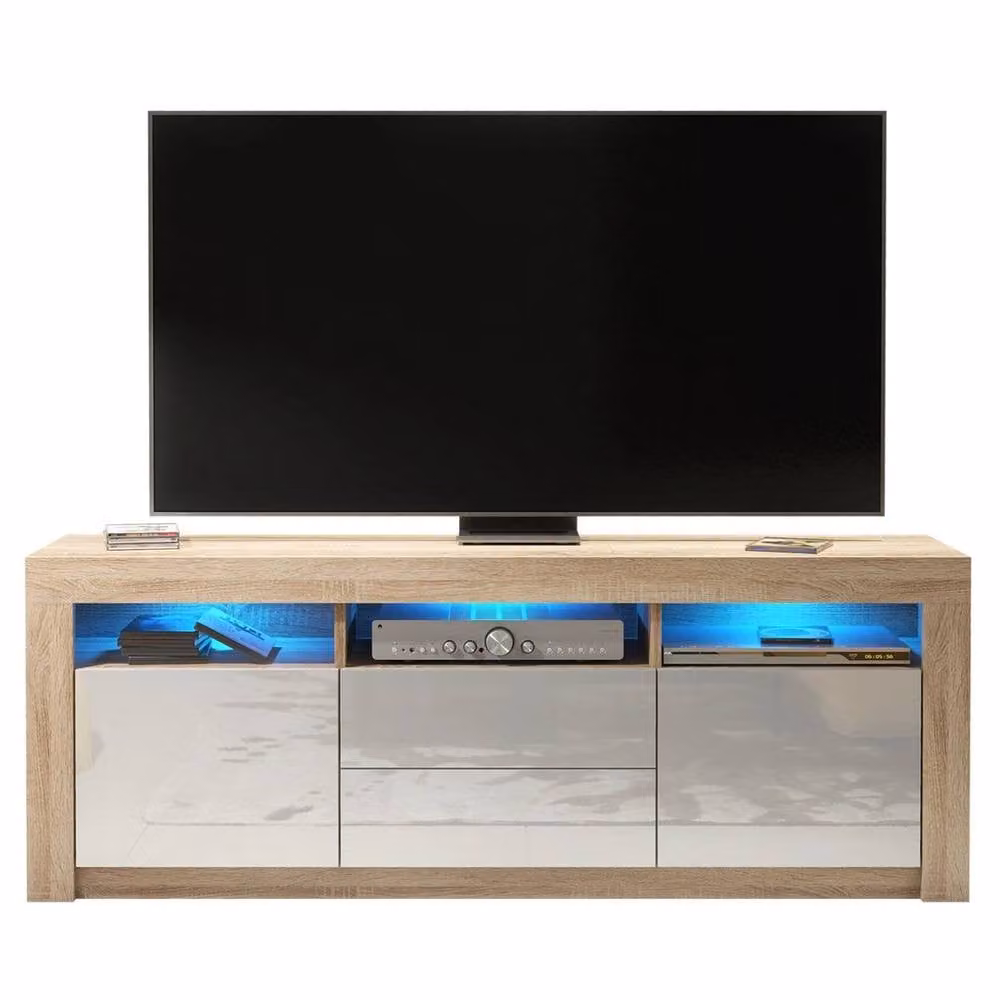 FORGEVIO Modern White Glossy Wood TV Unit and Sideboard Cabinet with Integrated Lighting