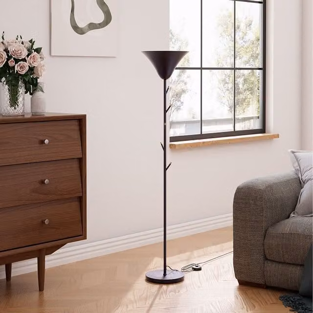 Komore Modern Black Metal Single Light Floor Lamp with Integrated Coat Rack