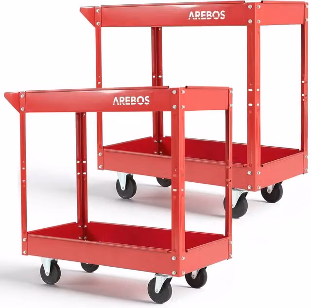 AREBOS Set of 2 Rollable Steel Workshop Tool Trolleys with 2 Shelves, Red