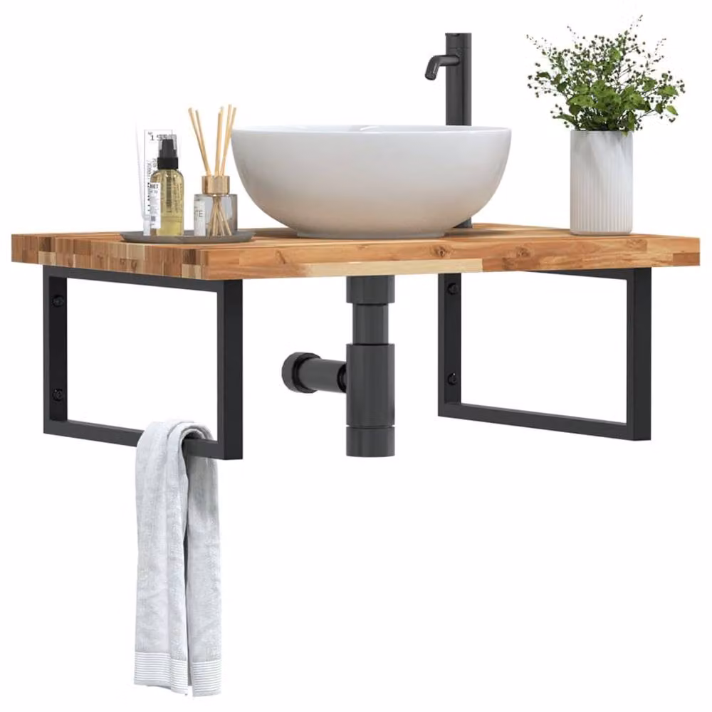 Berkfield Home Wall Mounted Basin Shelf in Brown Acacia Wood and Steel – 1