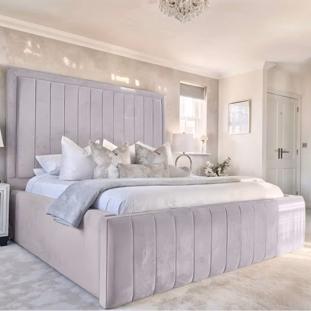 UK Bed Furniture Geneva Upholstered Velvet Bed Frame in Silver, W/D/H: 120 x 200 x 152.4 cm