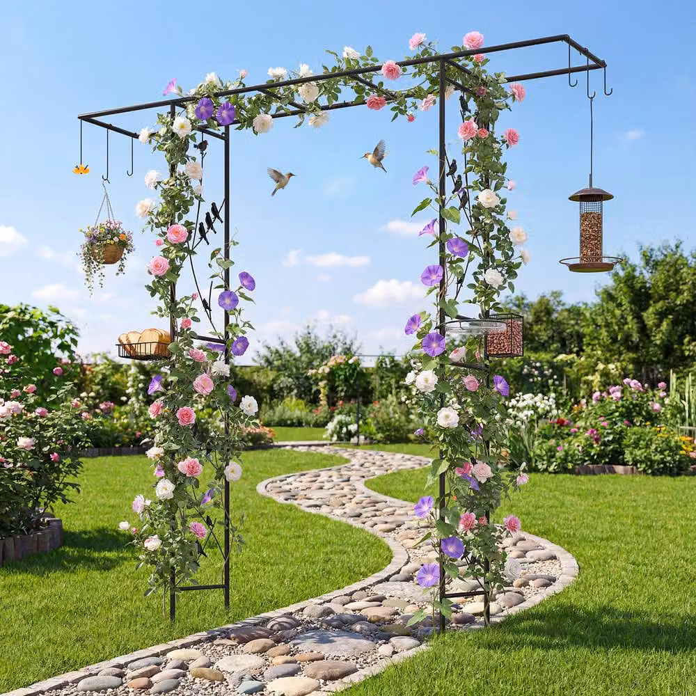 Costway Garden Arbor Feeding Station Black Heavy-duty Metal Arch Trellis with Mesh Tray – 2