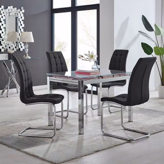 FurnitureboxUK Enna White Glass Extending Rectangular Dining Table and 4 Black Murano Chairs