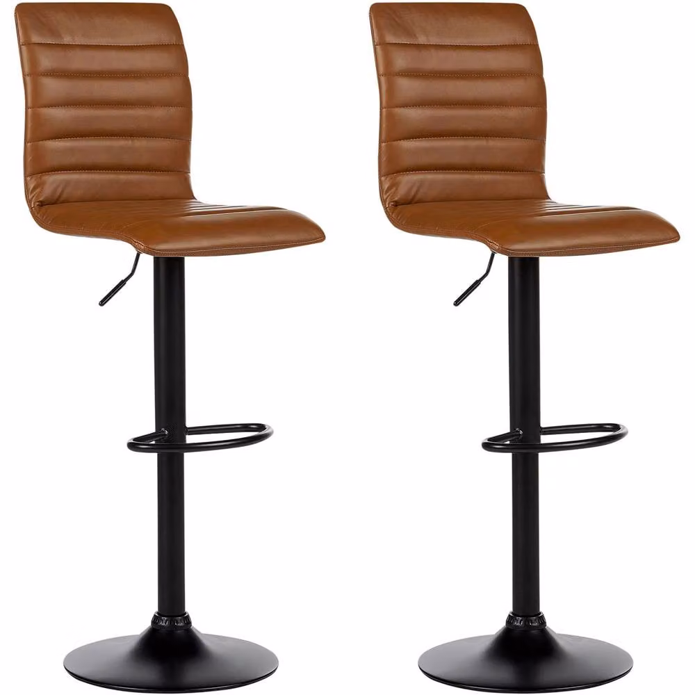 Wyld and Coco Set of 2 Golden Brown Faux Leather Bar Chairs with 360 Degree Swivel and Height Adjustable Metal Base – 2