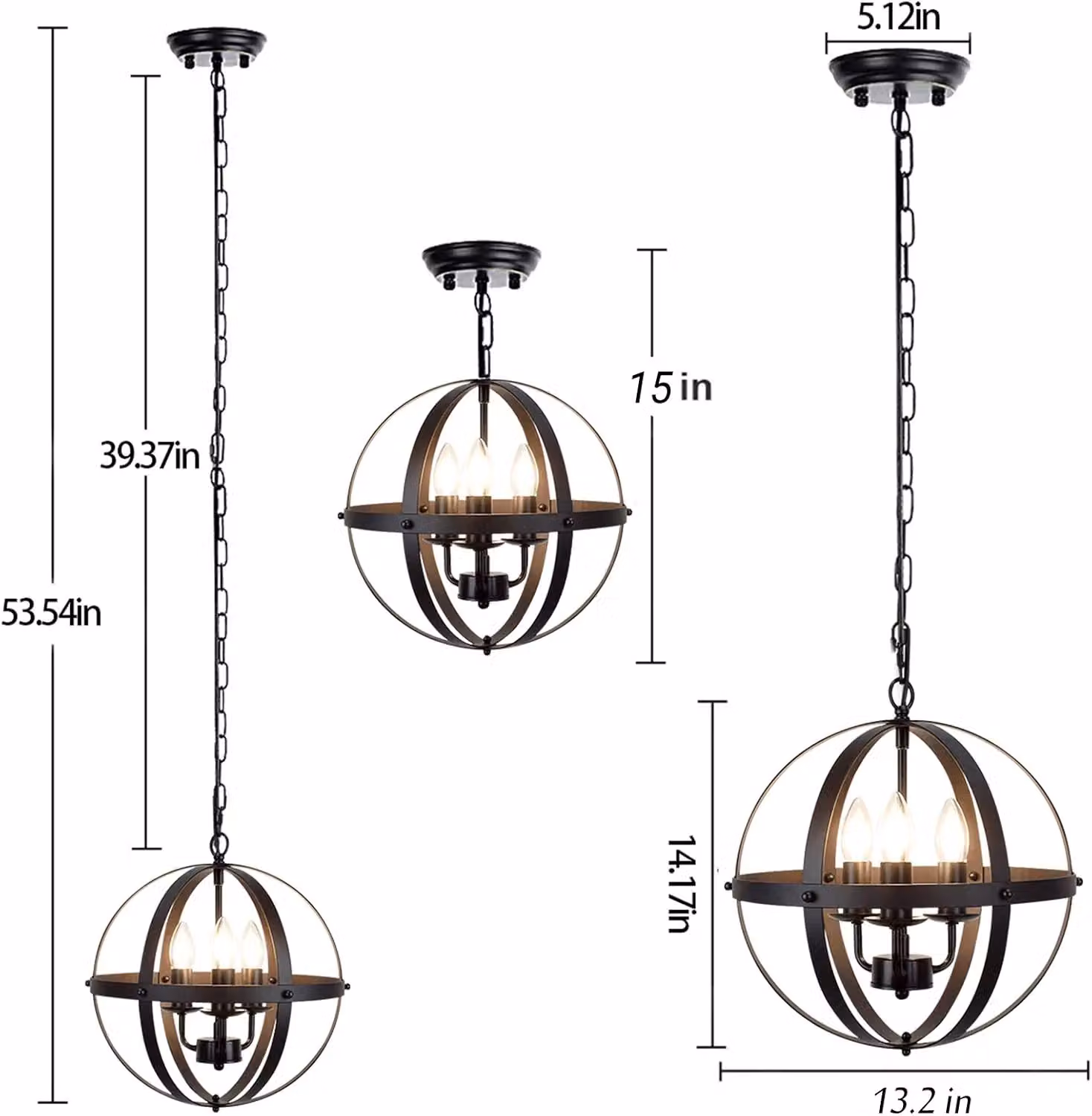 Garwarm Industrial Globe Pendant Light, Black Metal Spherical Vintage Chandelier with Transparent Shade – 3