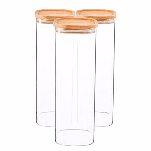 Argon Tableware Set of 3 Square Glass Storage Jars with Airtight Wooden Lids, 2.2 l, Transparent