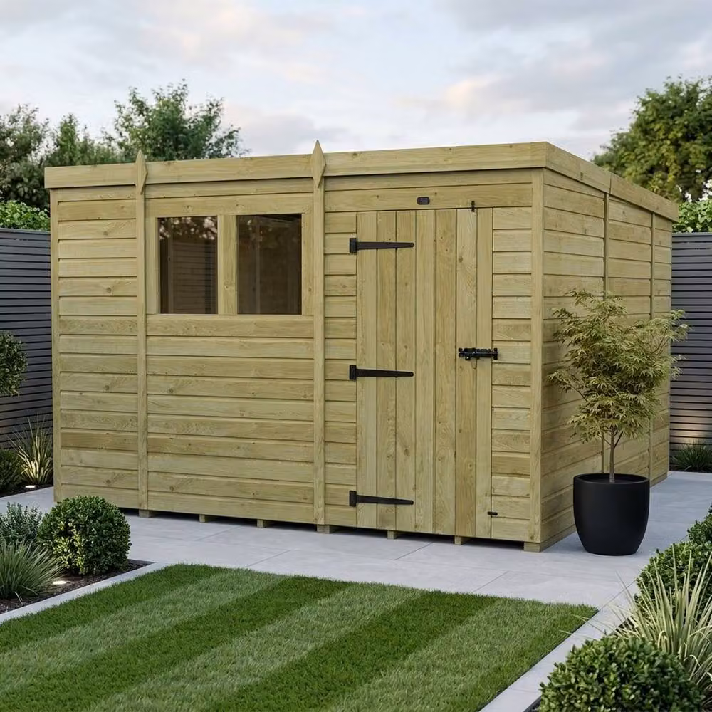 Buttercup Farm Pent Garden Shed with Single Door and Windows in Brown Timber, W/D/H: 305 x 305 x 210 cm – 2