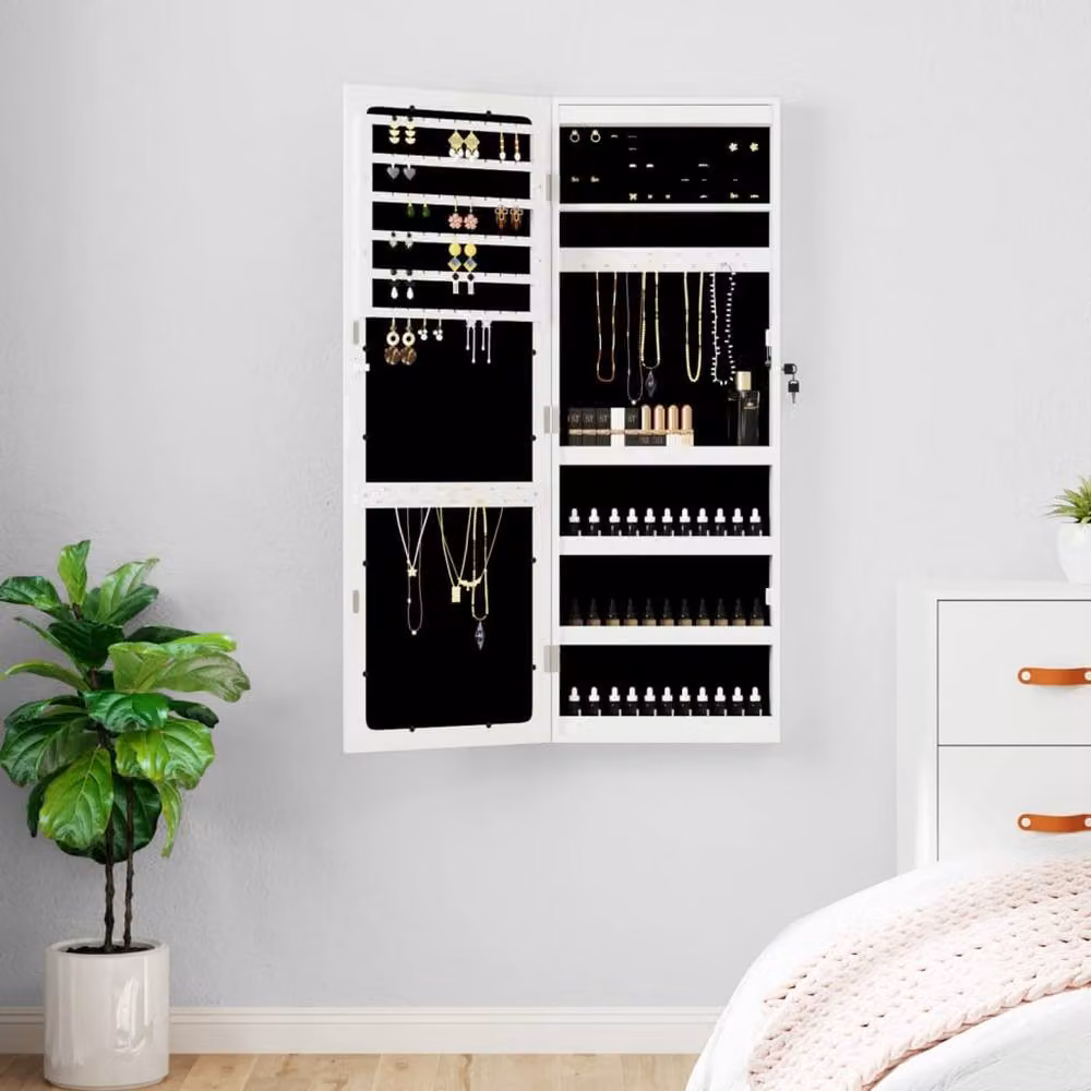 Berkfield Home White Glossy Wall Mounted Mirror Jewellery Cabinet with LED Lights – 2