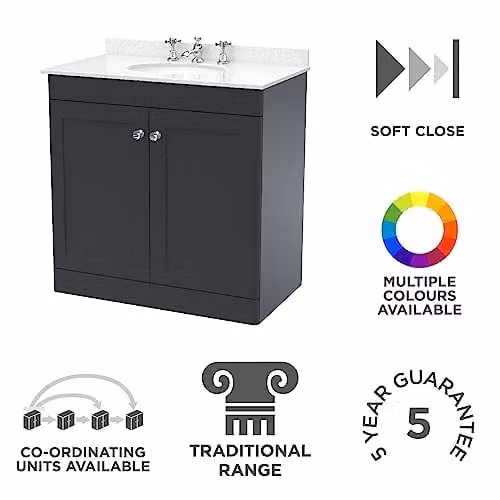 nuie Classique Traditional Bathroom Floor Standing 2 Door Unit with 3 Tap Hole Marble Worktop and Round Basin, Soft Black and White, W/D/H: 82.0 x 48.5 x 87.8 cm – 2