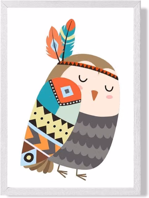 ARTZE Owl Tribal Animal Framed Print in Grey and White with Multicolour Ethnic Design