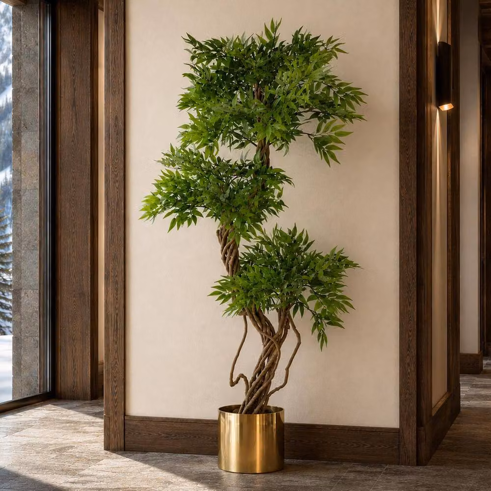 Leaf 140cm Artificial Japanese Fruticosa Ficus Tree with Gold Metal Planter in Green – 4
