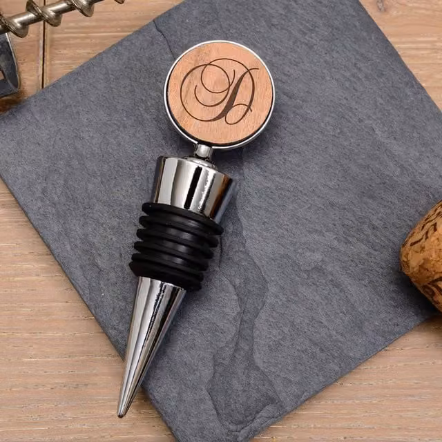Uniqueful Personalised Silver Script Initial Cherrywood Bottle Stopper
