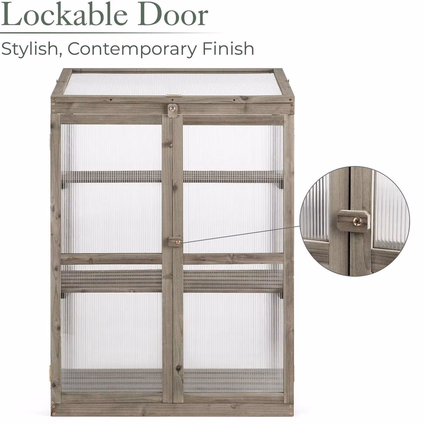 Christow Grey Wooden Polycarbonate Lean To Cold Frame Garden Greenhouse with Shelving and Lock, W/D/H: 110 x 59 x 76 cm – 5