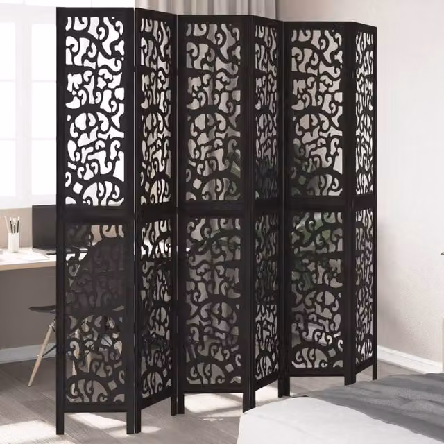 Berkfield Home 6 Panel Black Solid Paulownia Wood Room Divider
