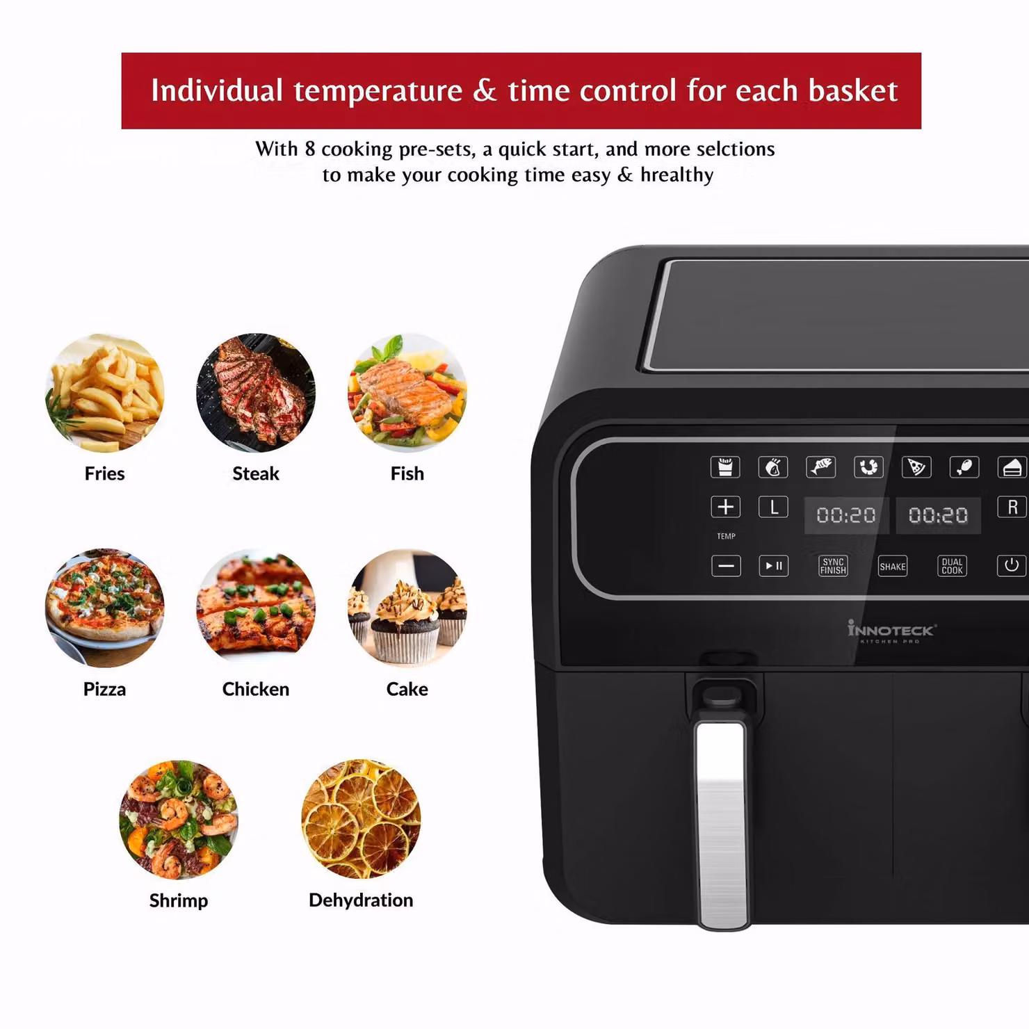 Innoteck Kitchen Pro 8L Dual Basket Air Fryer with Digital LED Display, 1700W, Black – 3