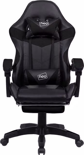 Neo Sporty Gaming Chair with Footrest and Headrest in Black and White Synthetic Leather