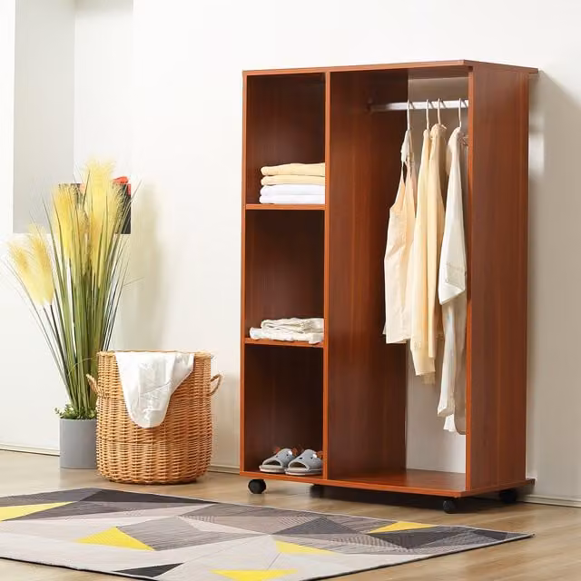 HOMCOM Modern Open Wardrobe with Clothes Rail and 3 Shelves in Walnut Brown