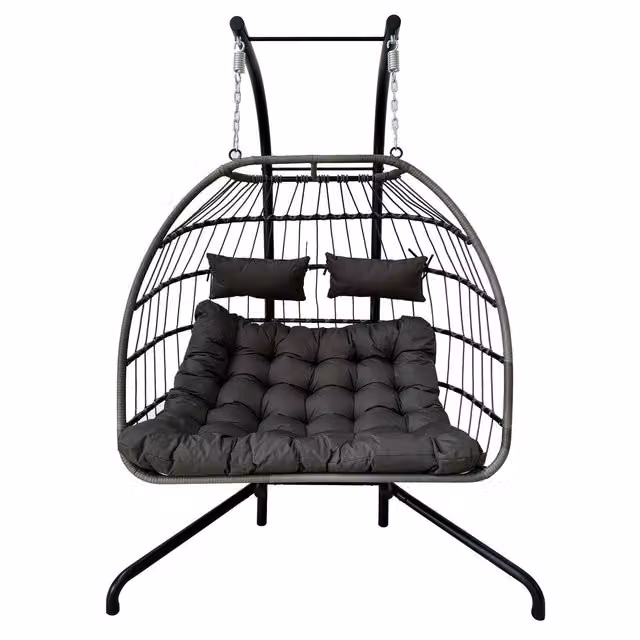 OHS Modern Double Hanging Egg Chair in Grey Rattan with Weatherproof Cushions