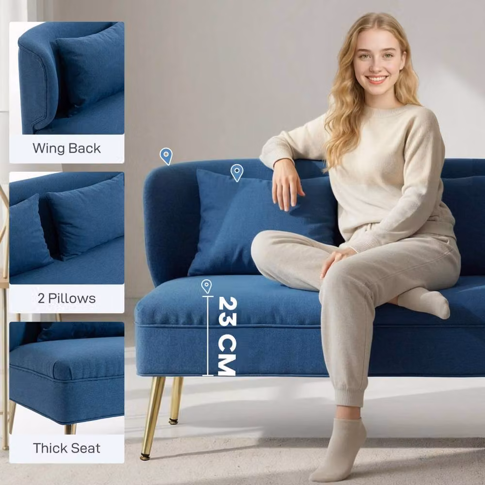 Wyld Haus Taco 2 Seater Wingback Sofa in Dark Blue Linen Look with Gold Metal Frame – 5