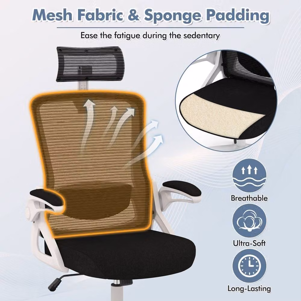 Costway White Fabric Swivel Office Chair with Headrest and Armrests – 5